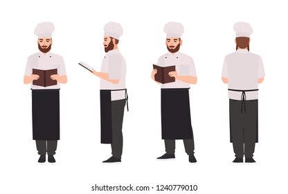 Chef, cook or restaurant worker wearing uniform and toque reading recipe or culinary book. Male cartoon character isolated on white background. Front, side, back views. Flat vector illustration.