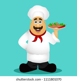 Chef. Cook. Chef with sausages. Cartoon. Profession. Isolated. Vector Illustrator