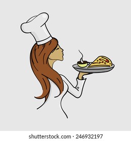 Chef cook is serving a dish. Isolated on white background, eps 8.