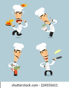 Chef Cook Set 2 with pan, bowl, stir, fire pan vector illustration. Also, with chef hat, chef uniform, mustache.