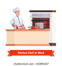 Chef cook slicing meat with a knife at the kitchen table with some pot and pan. Flat style illustration or icon. EPS 10 vector.