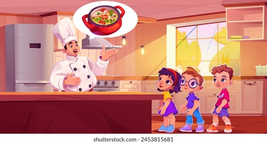 Chef cook soup food for children vector cartoon. Kids character and professional chief with apron and hat in modern kitchen interior with cooking equipment. Culinary workshop for happy girl and boy