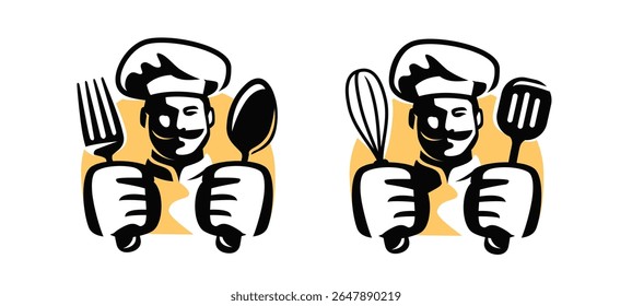 Chef cozinhar com colher e garfo símbolo. Baker e bata, espátula. Emblema para menu de restaurante ou café