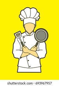 Chef cook standing crossed arms with pan and spatula graphic vector