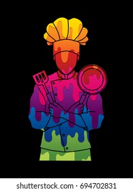 Chef cook standing crossed arms with pan and spatula designed using melting colors graphic vector