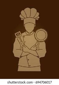 Chef cook standing crossed arms with pan and spatula designed using geometric pattern graphic vector