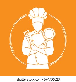 Chef cook standing crossed arms with pan and spatula graphic vector