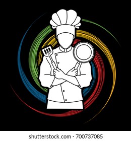 Chef cook standing crossed arms with pan and spatula designed on spin wheel background graphic vector.