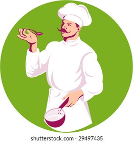 Chef cook tasting a dish retro style