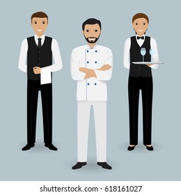 Chef cook and two waiters in uniform standing together. Restaurant people characters. Flat vector illustration.