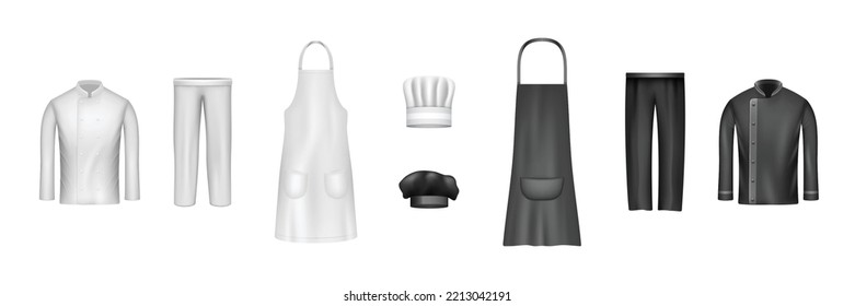 Chef cook uniform set. Realistic white and black mockup of culinary workwear clothing elements headdress apron jacket trousers isolated mockup. 3d vector illustration