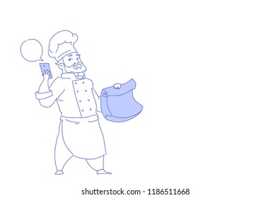 chef cook using smartphone chat bubble communication holding menu food delivery concept sketch doodle horizontal vector illustration