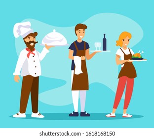 Chef cook, waiter and waitress are holding trays of food and drinks. Restaurant staff set. Professional cafe workers in uniform. Vector illustration with flat cartoon characters.