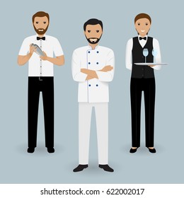 Chef cook, waitress in uniform and barman standing together. Restaurant people characters. Vector illustration.