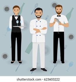 Chef cook, waitress in uniform and barman standing together on a tableware background. Restaurant people characters. Vector illustration.