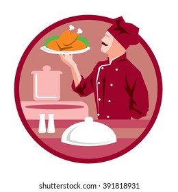 Chef cook at work, holding a dish, poultry, chicken, vector icon illustration