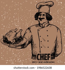 the chef cooked a Peking chicken. vector logo in flat style