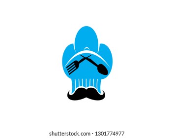 Chef a cooker big hat with mustache and spoon and fork for logo design