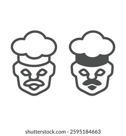 Chef cooker face line and solid icon, culinary cooking concept. Vector graphics. Cook head with mustache and hat sign on white background, outline style icon for mobile or web design