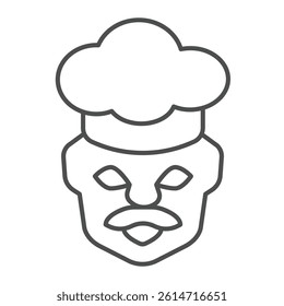 Chef cooker face thin line icon, culinary cooking concept. Vector graphics. Cook head with mustache and hat sign on white background, linear style icon for mobile or web design