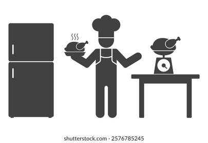 chef cooker with fried chiken in hand and meat on scales weight near fridge icon