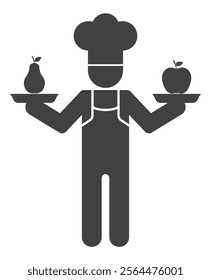 chef cooker with pear and apple fruits in hands icon