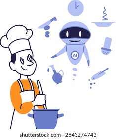 Chef Cooking with AI Assistance (Cozinhar com a assistência da IA). Ilustração Vetor de Desenho Animado de Inteligência Artificial Ajudando com Receitas e Ingredientes na Cozinha