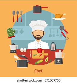 Chef with cooking appliances, tools, kitchenware and food icons. Vector flat design concept banner illustration