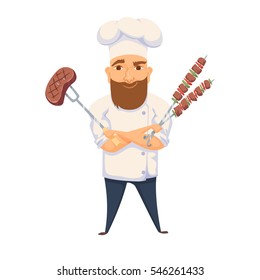 Chef cooking BBQ in restaurant or hotel kitchen. Cute cook in uniform holding barbecue meat steak and vegetable. Cartoon smile kitchener making food on picnic. Professional master catering service