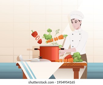 Chef cooking behind kitchen table with pan and ingredients making soup cartoon character design vector illustration on ceramic tile background