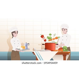 Koch Kochen hinter Küchentisch mit Pfanne und Zutaten, die Suppe Cartoon Charakter Design Vektorgrafik auf Keramikhintergrund