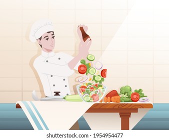 Chef cooking behind kitchen table with glass bowl and ingredients preparing salad cartoon character design vector illustration on ceramic tile background