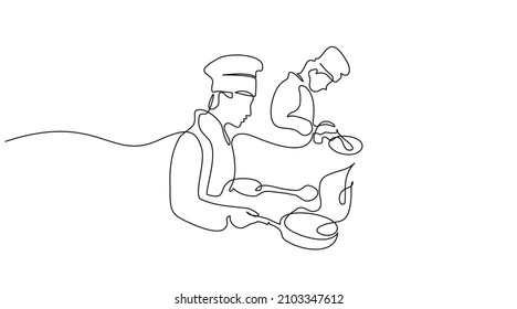 Chef cooking big meal. Continuous one line drawing. Vector illustration