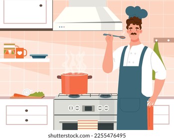 Chef cooking concept. Man with spoon in cap stands in kitchen next to stove and prepares soup in saucepan. Housework and routine. Cafe or restaurant. Cartoon flat vector illustration