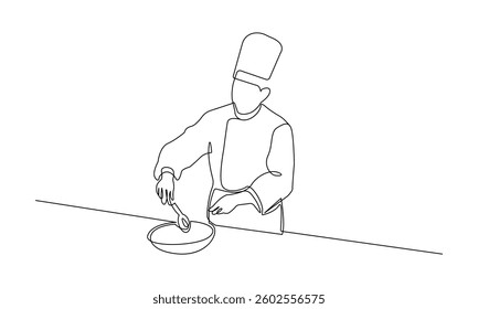 Chef Cooking Continuous One Line Drawing. Male Cook Trendy Minimalist Vector Illustration. Cooking One Line Abstract Drawing Minimalist Contour Style for Modern Design. Not AI
