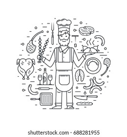 Chef and cooking design elements. Vector set with cook and kitchen symbols. 