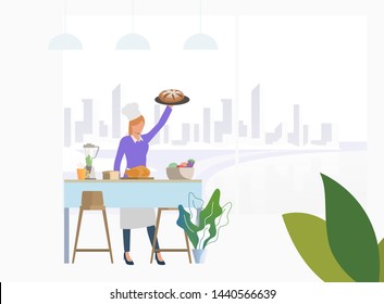 Chef cooking dinner at kitchen table and holding pie. Meal, restaurant, dinner concept. Vector illustration can be used for topics like food, cuisine, cooking