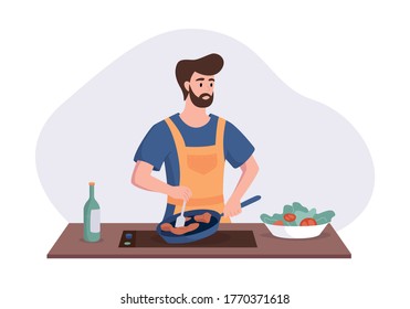 Chef cooking dinner at the table in the kitchen. Cartoon character concept preparing meals at home in flat style. Vector illustration.