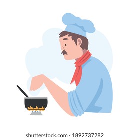 Chef cocinando platos en fuego, cocinando con sombrero y cocina de apron en la cocina ilustración vectorial estilo caricatura