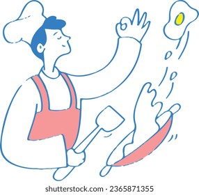 Chef is cooking egg in pan illustration