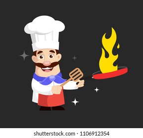 Chef cooking in Flame Frying Pan Vector Illustration