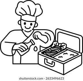A chef is cooking food in a black and white drawing. The chef is smiling and he is enjoying his work. The food he is cooking is in a black and white box, which is placed on a table