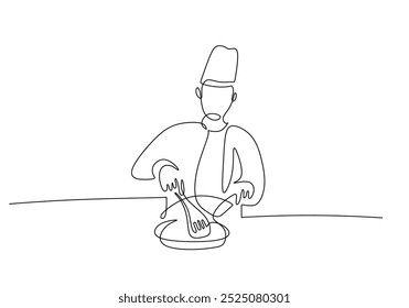 Chef cocinando alimentos en un dibujo continuo de una línea. Concepto de cocina y profesión de personas. Fondo minimalista de Ilustración vectorial.