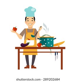 Chef cooking food Flat style illustration or icon