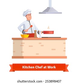 Chef Cooking Food. Frying In The Pan At The Kitchen Table Holding Wooden Spoon. Flat Style Illustration Or Icon. EPS 10 Vector.