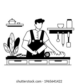 A chef is cooking food in the kitchen, vector illustration in black and white lineart