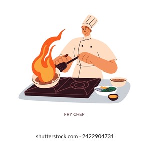 Chef cocinando comida en una sartén frita, calentando con fuego fuego sobre la cocina. Cocina de restaurante profesional, cocina, preparación de platos calientes, comida. Ilustración vectorial plana aislada en fondo blanco