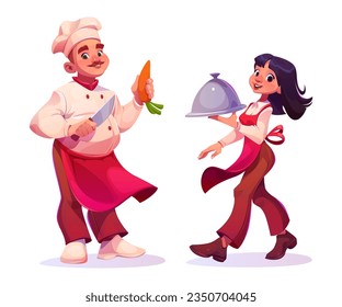 Chef cooking food on restaurant kitchen and waitress with dish. Man in chief hat with knife and carrot and woman in apron carrying tray, vector cartoon illustration