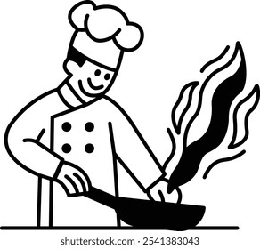 A chef is cooking food in a pan with flames. Concept of excitement and passion for cooking