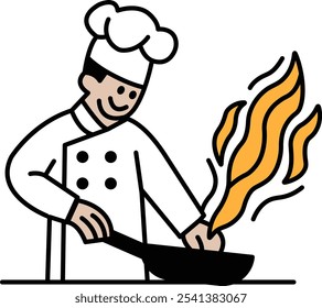 A chef is cooking food in a pan with flames. Concept of excitement and passion for cooking